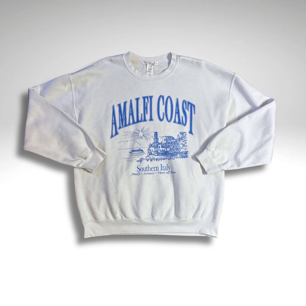 Amalfi Coast Southern Italy Graphic White and Blue Crewneck Sweater L/XL